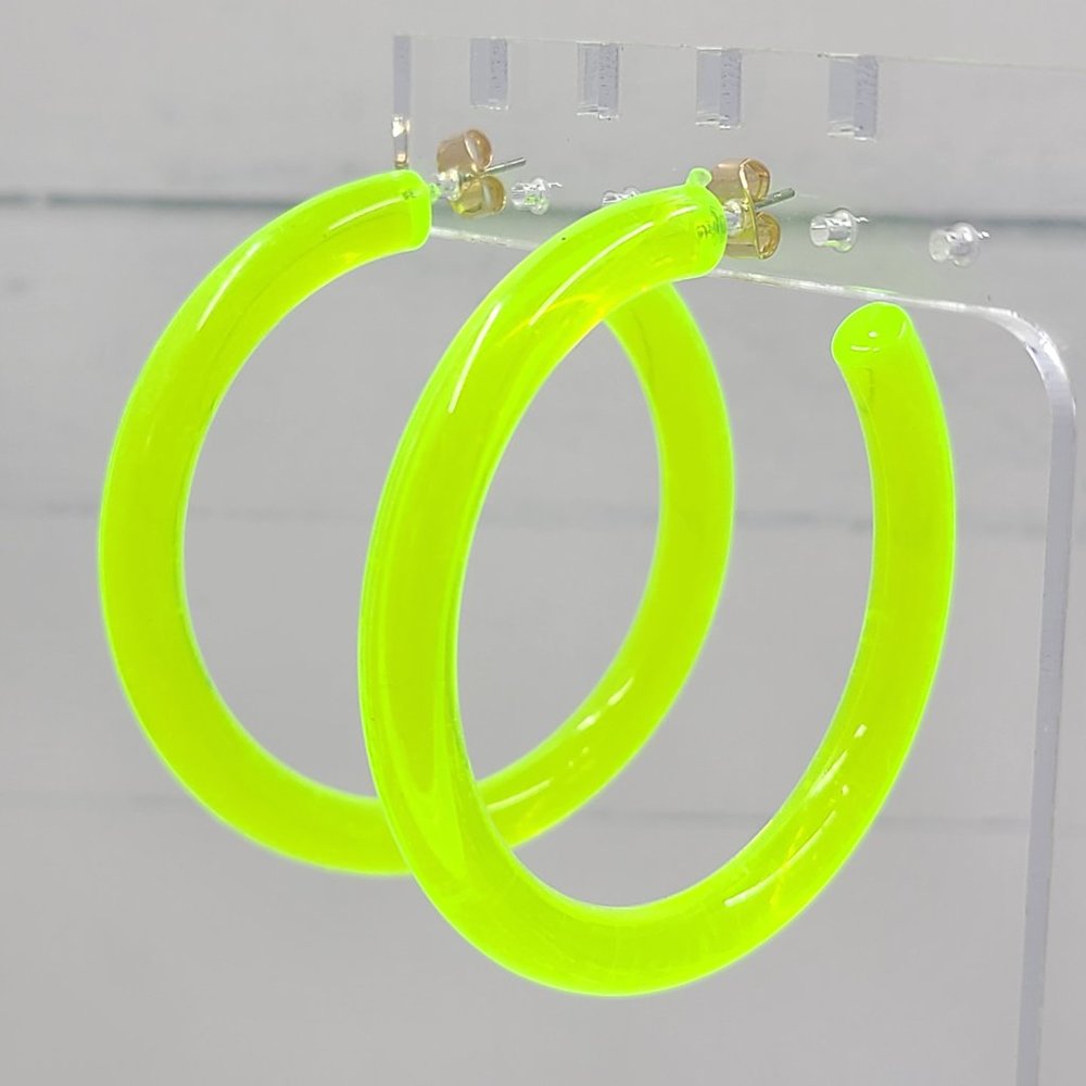 2" Yellow 80's Retro Neon Translucent Tube Lucite Hoop Earrings - Picture 8 of 11